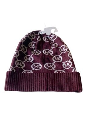 Michael Kors Rib Knit Beanie All-Over MK Print Burgundy White One Size NWT